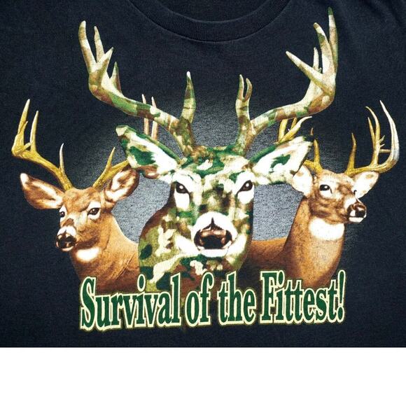 Vintage Survival of the Fittest Camo Deer Graphic Tee – Black – Size XL – - Picture 2 of 4